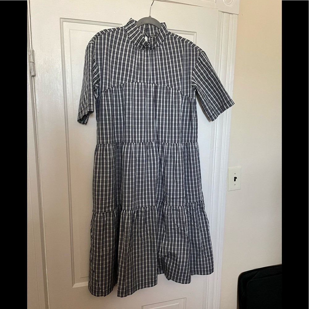 Everlane tiered mockneck plaid dress, size small